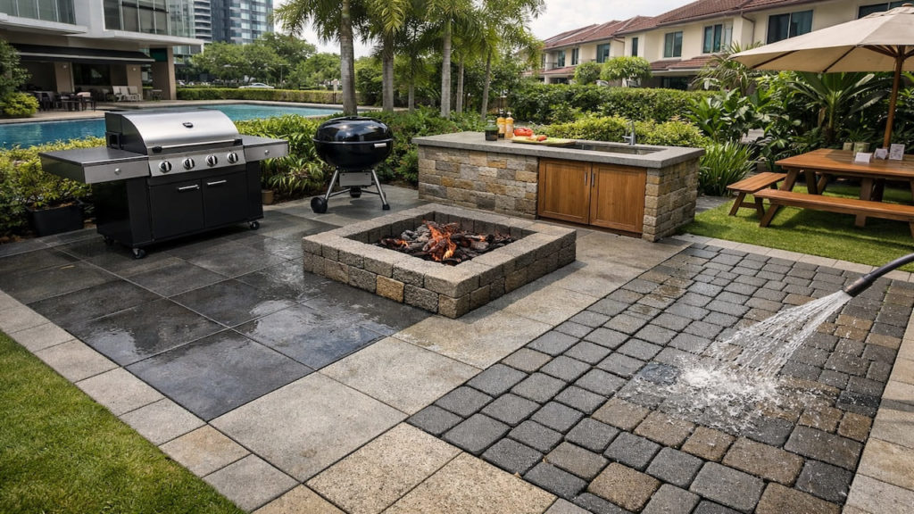 Outdoor paving for BBQ spots: 5 checks【Handle grease, heat, & quick wash downs】