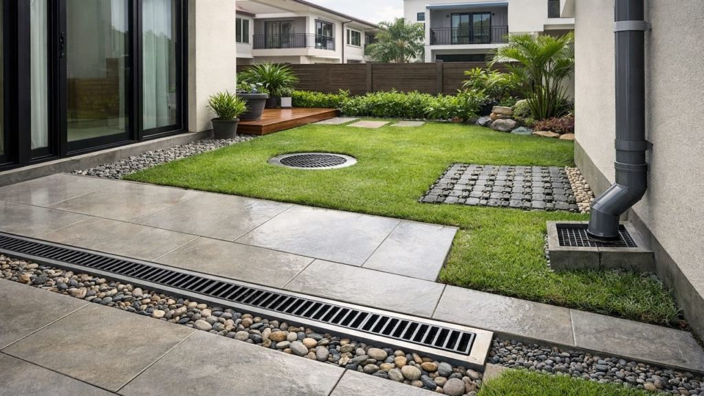 Plan garden paving drainage: 5 checks【Keep puddles away from doors and walls】