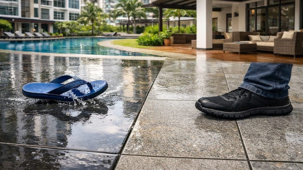 Outdoor tile grip test: 5 checks【Glossy looks nice but can be a trap】