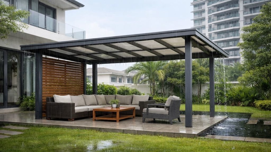 Garden seating kept dry in rain: 5 steps【Simple shelter layout that still feels open】