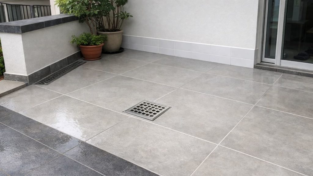 Repair porch puddles: 5 fixes【Slope, drain cover, and splashback】