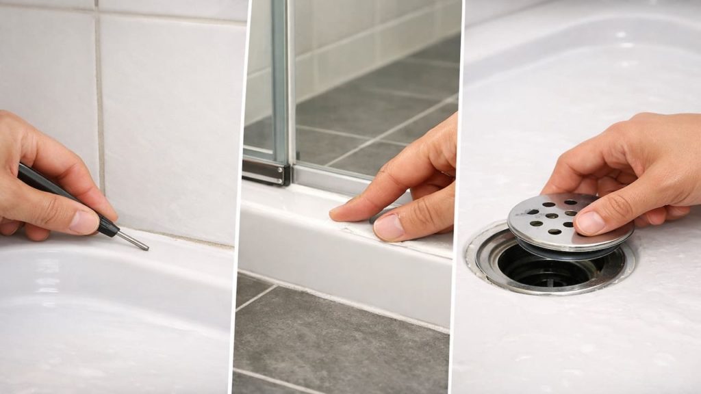 Repair shower leak: 5 checks【Grout, tray edges, and drain seals】