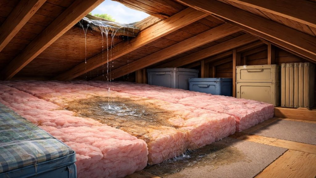 Roof leak in attic: 5 signs【Wet insulation spreads moisture silently】
