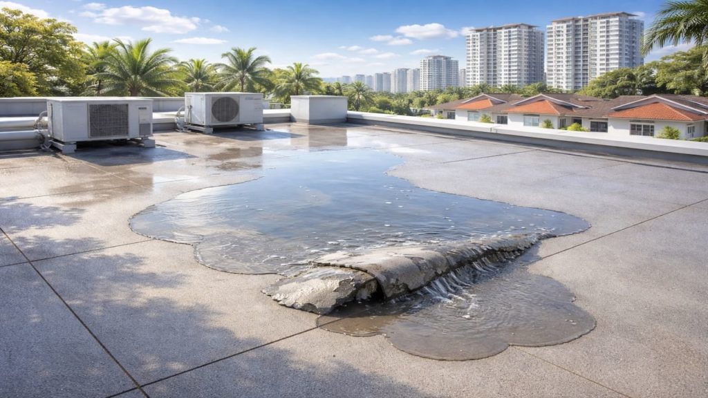 Roof leak on flat roof: 5 checks【Ponding water finds weak waterproofing】