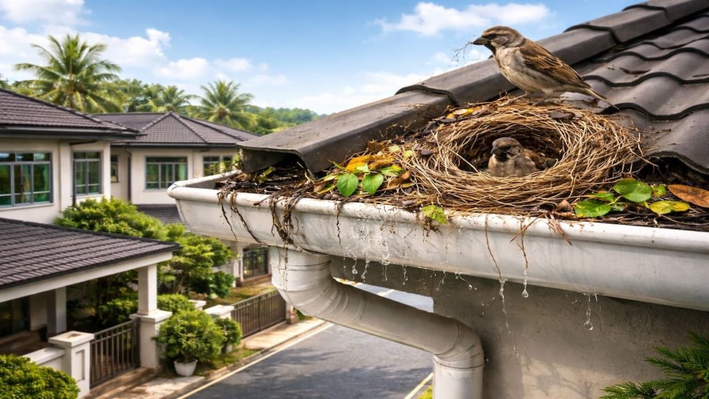 Gutter birds nest problem: 5 signs【Blockages start at roof corners fast】