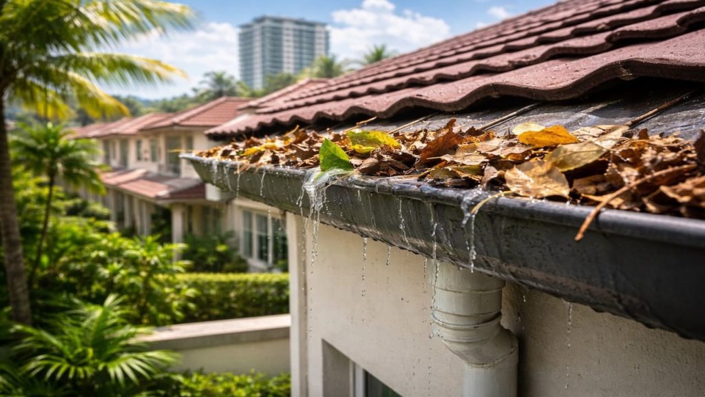 Malaysia gutter clogged with leaves causing water to spill over the fascia