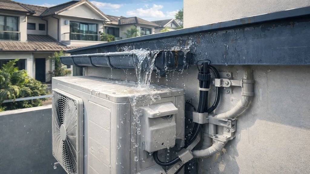 Gutter overflow near AC outdoor: 5 checks【Protect wiring and brackets from water】