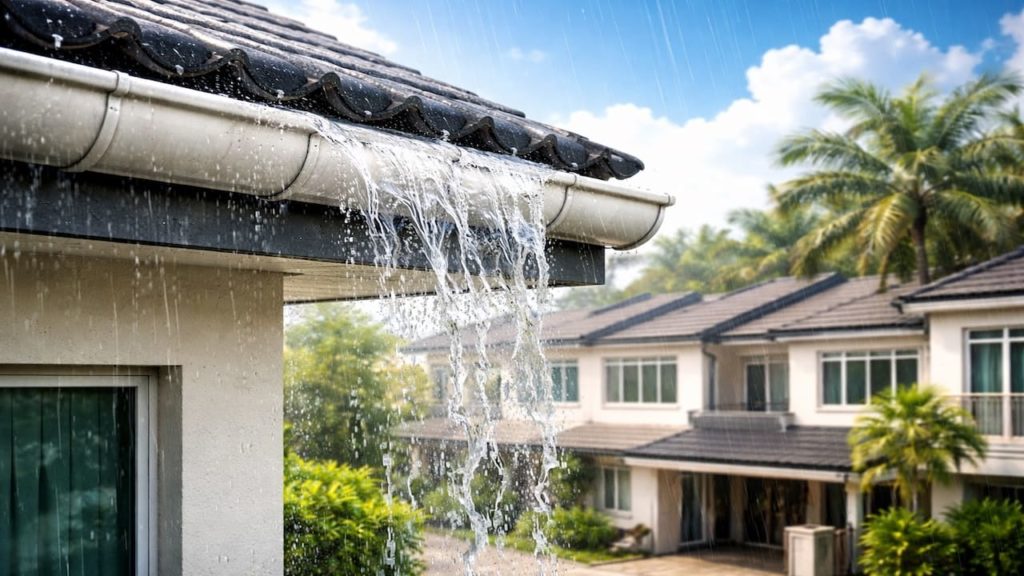 Malaysia gutter overflowing during heavy rain on a terrace house roof edge