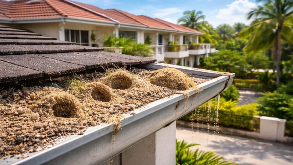 Gutter overflow with no leaves: 5 causes【Sand nests and roof grit buildup】