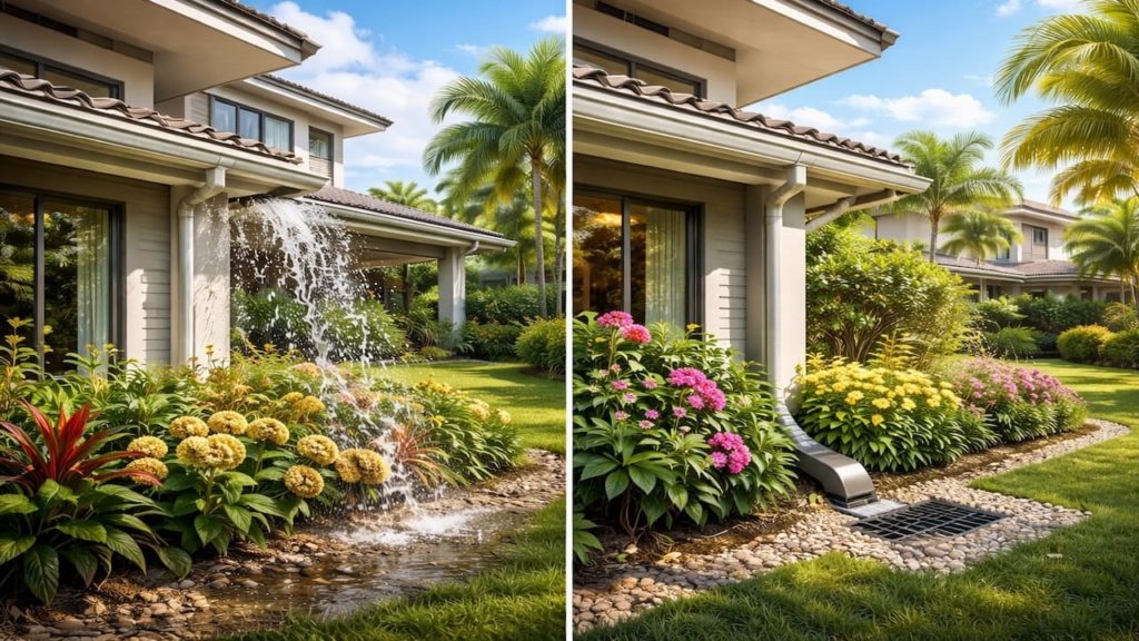 Gutter splash damages plants: 5 fixes【Redirect runoff without ugly pipes】
