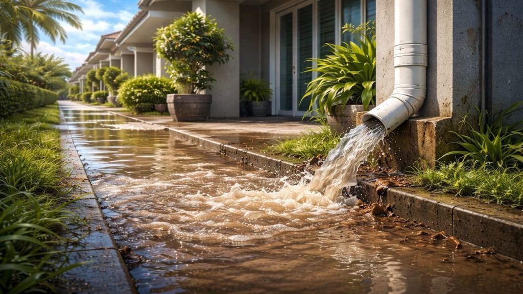 Malaysia gutter overflow on walkway making puddles and dirty splash back