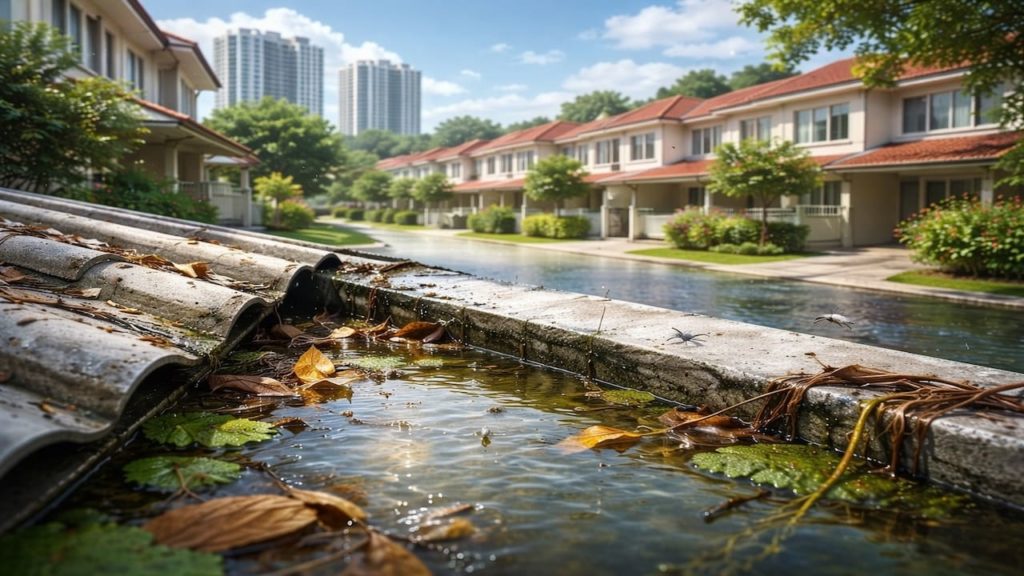 Malaysia gutter wrong slope showing water sitting and not draining properly