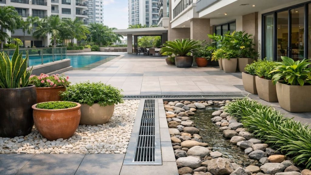 Landscape for condo ground floor: 5 tips【Use pots and drains to stay dry】